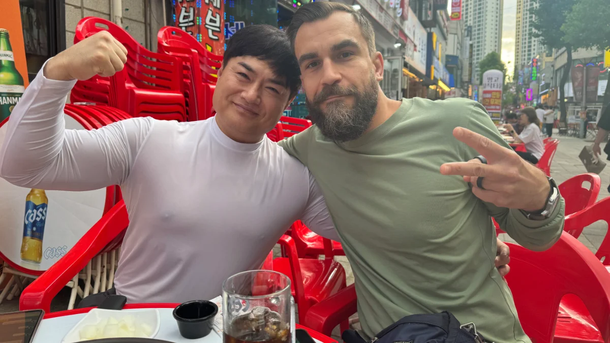 me and my buddy at a restaurant on the street in Bucheon